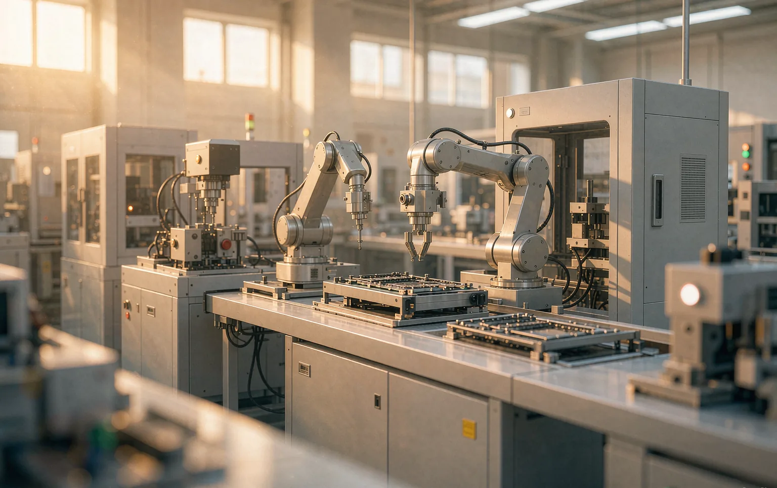 Black and white photograph of a modern electronics production line with robotic arms